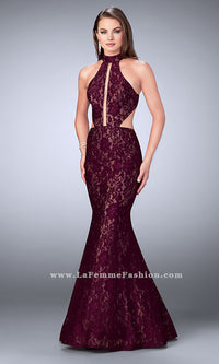 La Femme Long Lace Prom Dress