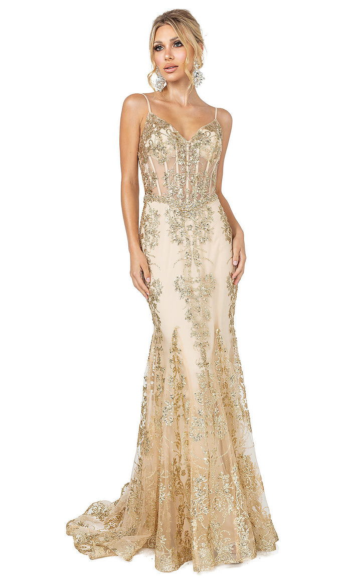 Gold Corset-Bodice Long Sparkly Beaded Formal Dress
