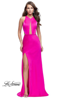 Hot Pink Open-Back La Femme Long Prom Dress with Slit