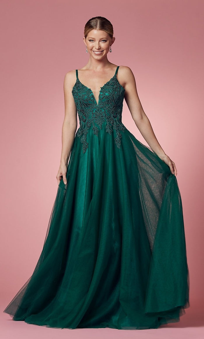 Hunter Green A-Line Long Prom Dress with Embroidered Applique