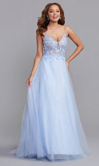 Iridescent Sky Sequin-Bodice Long Glitter Prom Ball Gown