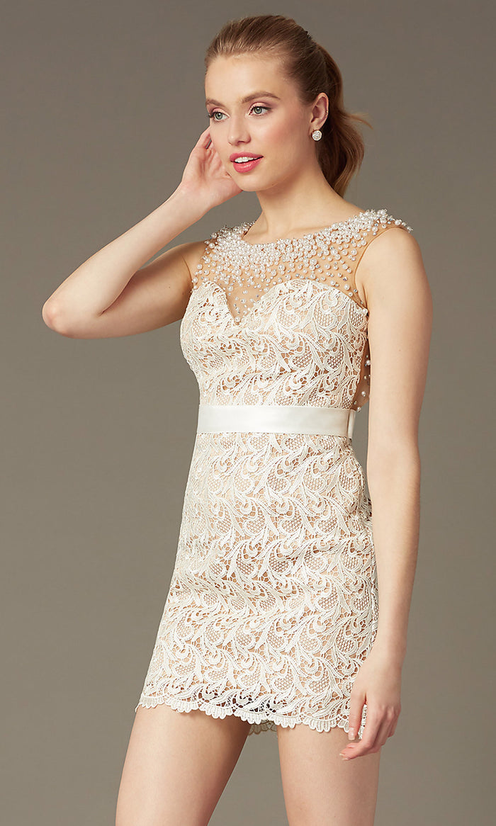 Ivory Short Sleeveless Ivory Lace Prom Dress
