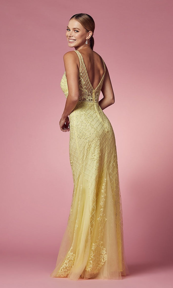  Deep V-Back Long Prom Dress with Beaded Embroidery