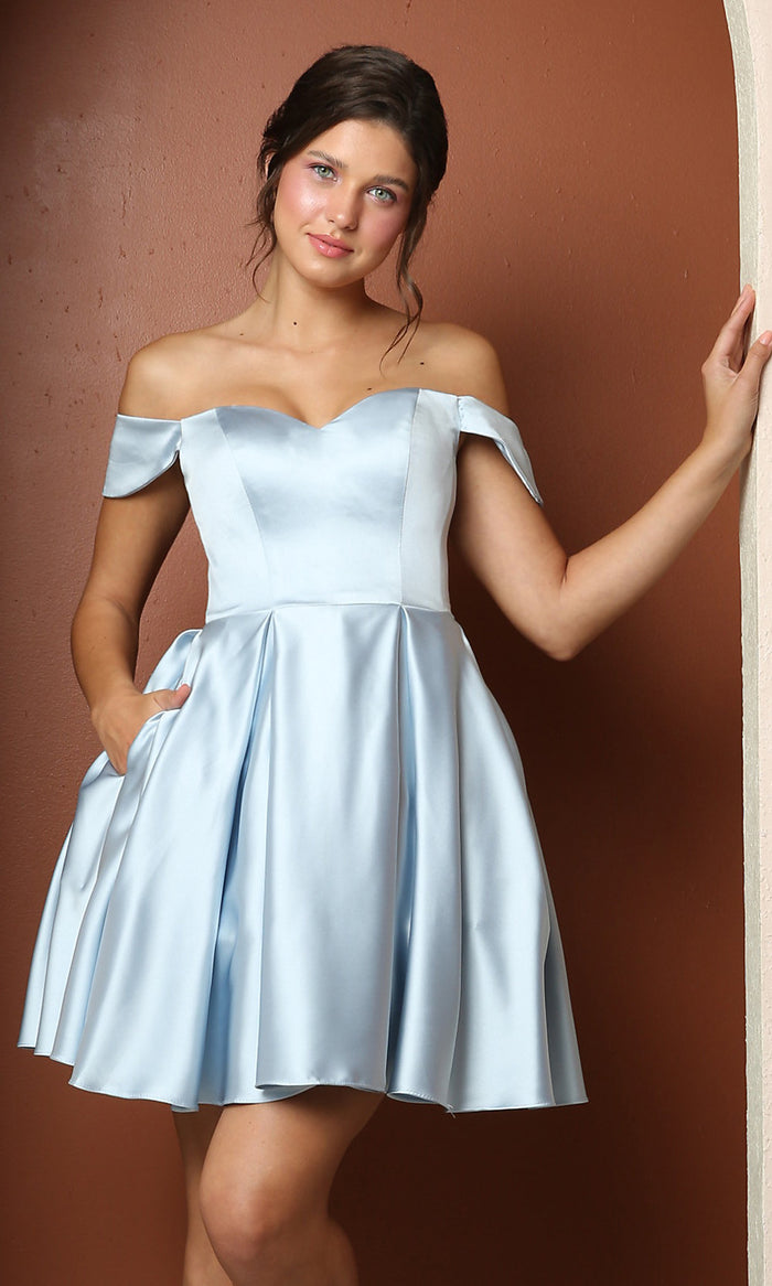 Light Blue Off-Shoulder Short Homecoming Dress with Pockets