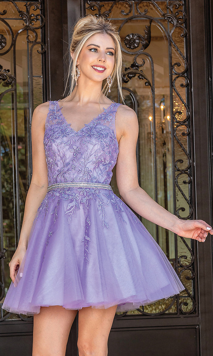 Lilac Sheer-Bodice Babydoll Short Semi-Formal Dress