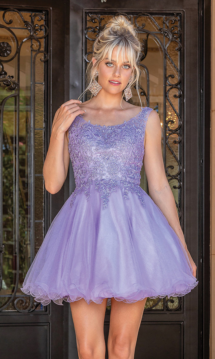 Lilac Babydoll Sleeveless Embroidered Short Prom Dress
