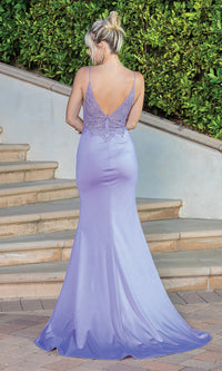 Sheer Beaded-Bodice Long Prom Dress with Train