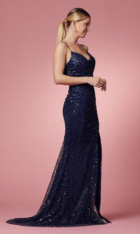 Strappy-Back Navy Blue Sequin Long Prom Dress