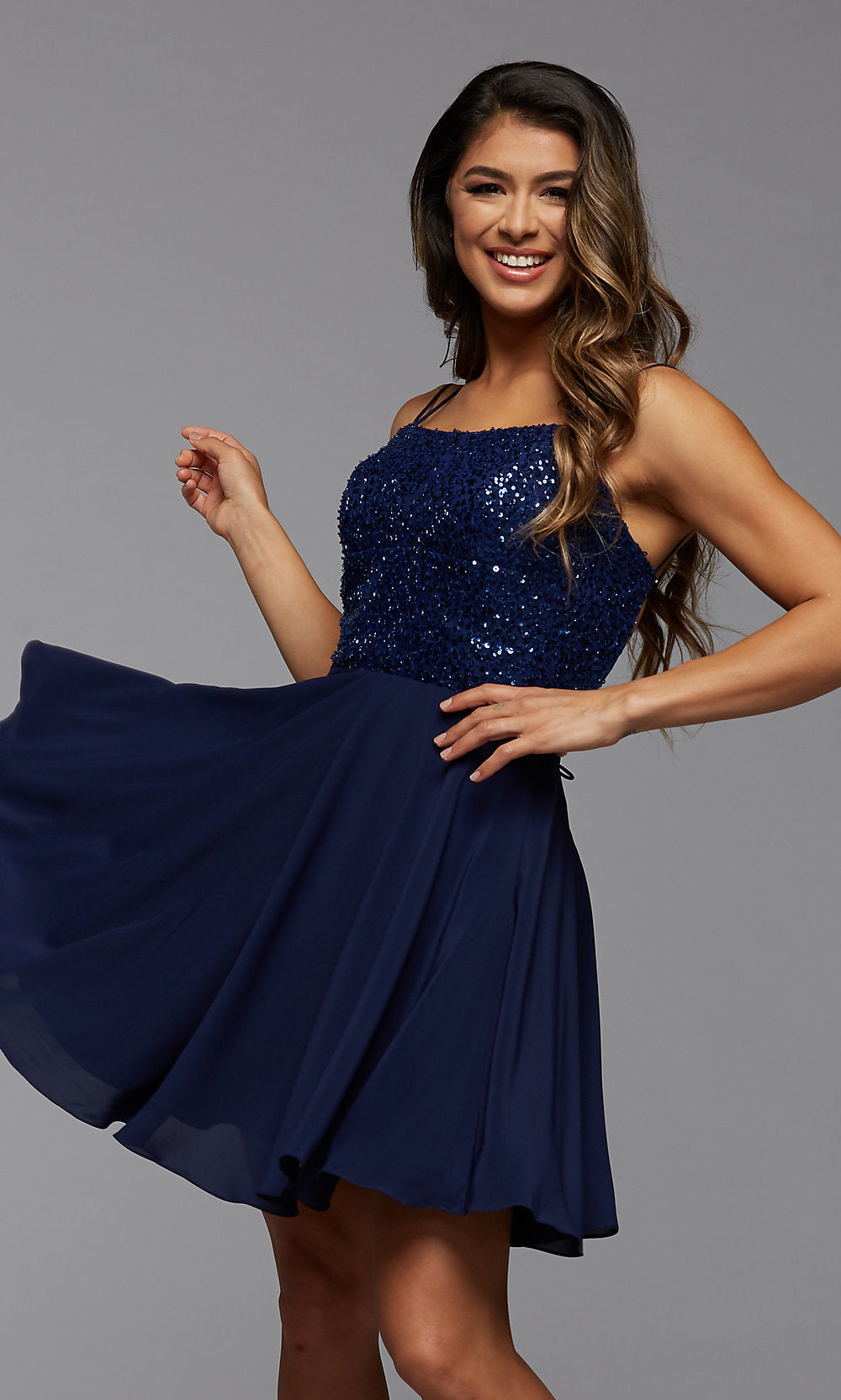 Navy Blue Backless Short Formal Prom Dress with Sequins