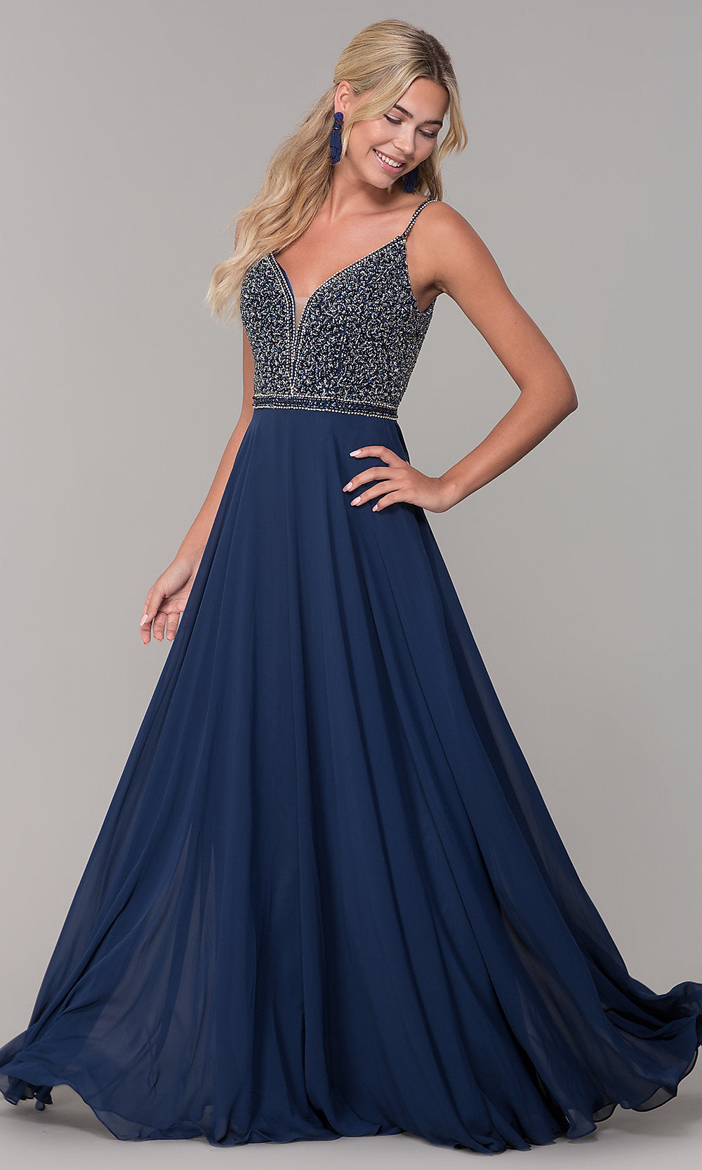 Navy Rhinestone-Bodice Long Chiffon Formal Dress for Prom