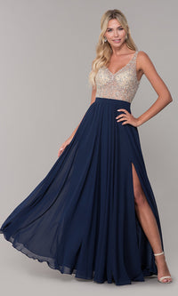 Navy Beaded-Bodice Long Chiffon Formal Dress for Prom