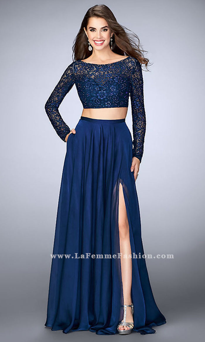 Navy Two Piece Long Chiffon Prom Dress with Long Sleeves