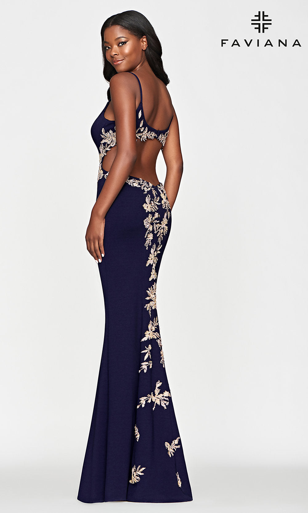 Navy/Gold Faviana Gold-Beaded Navy Blue Long Prom Dress
