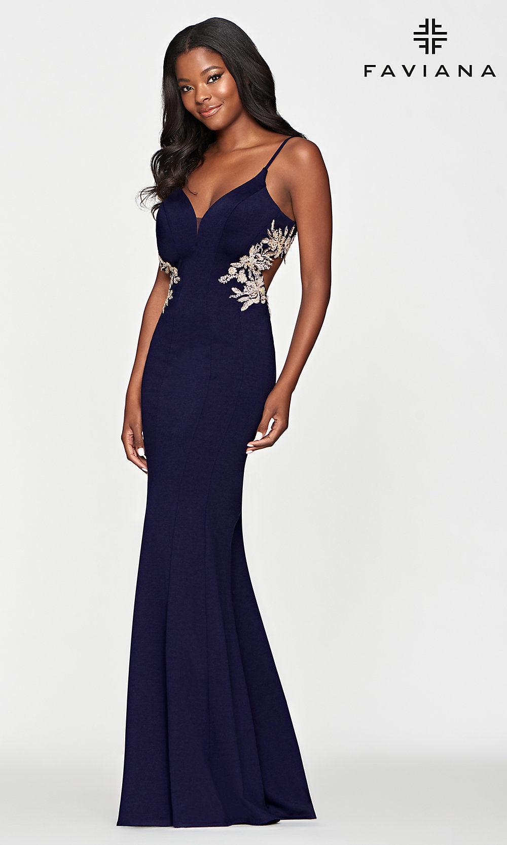 Faviana Gold-Beaded Navy Blue Long Prom Dress