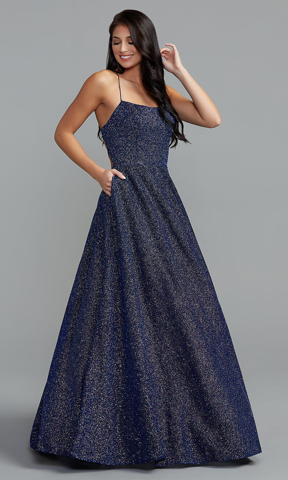  Long Glitter A-Line Prom Ball Gown with Pockets