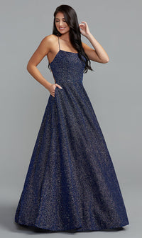  Long Glitter A-Line Prom Ball Gown with Pockets