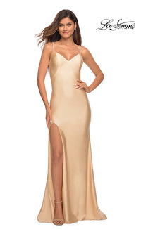 Nude La Femme Simple Long Prom Dress with Beaded Straps