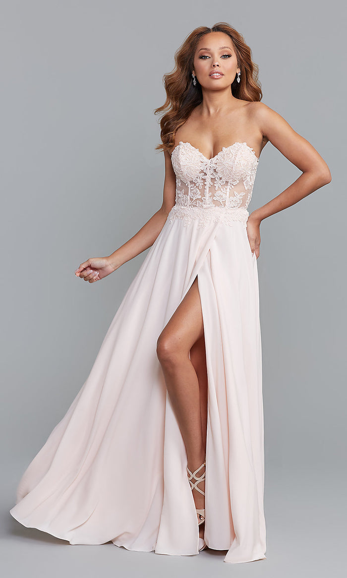 Pale Pink Strapless Sweetheart Sheer-Bodice Long Prom Dress