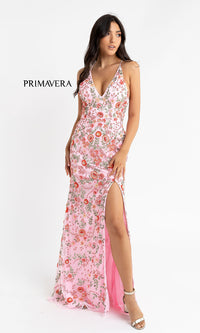 Beaded Floral Print Primavera Long Prom Dress