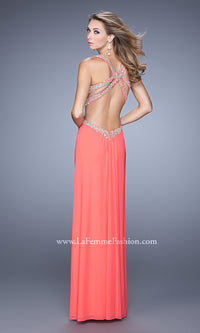 Pink Grapefruit High-Neck La Femme Strappy-Back Long Prom Dress