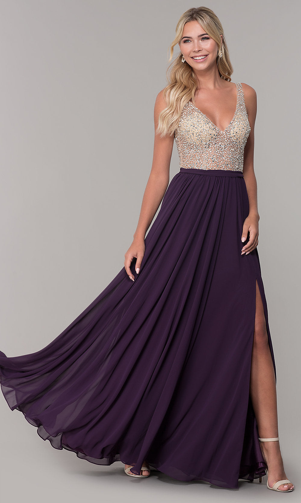 Plum Beaded-Bodice Long Chiffon Formal Dress for Prom