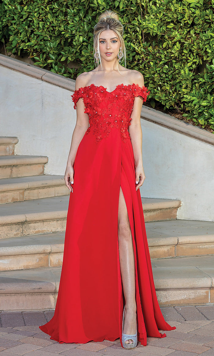 Red Corset-Back Off-Shoulder Long A-Line Prom Dress