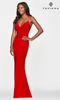  Strappy-Open-Back Long Red Prom Dress by Faviana