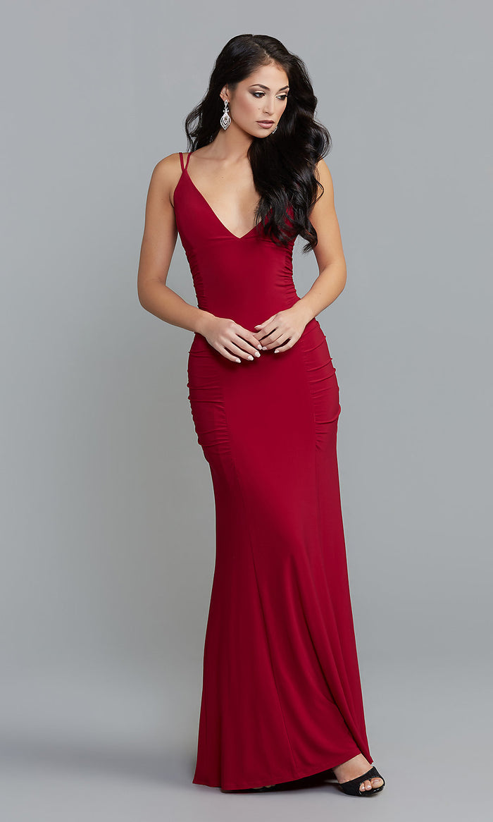 Red Strappy-Back Jump Long Red Prom Dress with Ruching