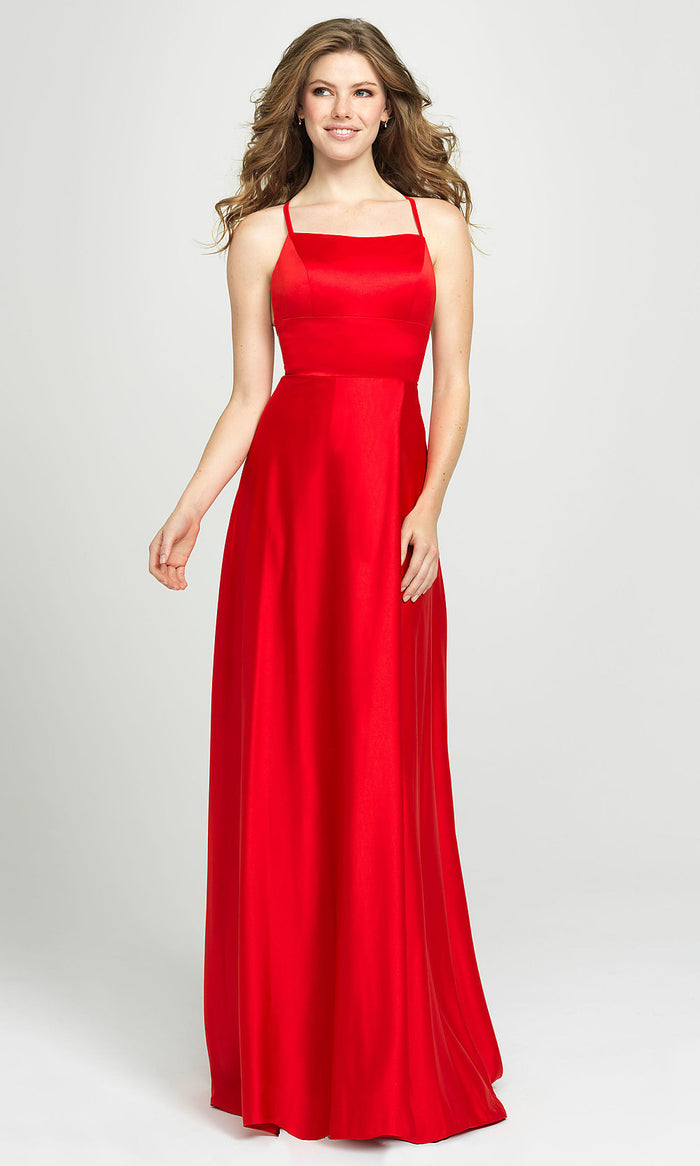 Red Lace-Up Open-Back Long Satin Formal Prom Dress