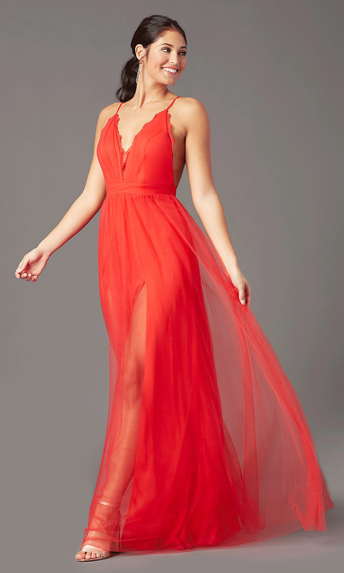 Red Open-Back Long Tulle Formal Prom Dress by PromGirl