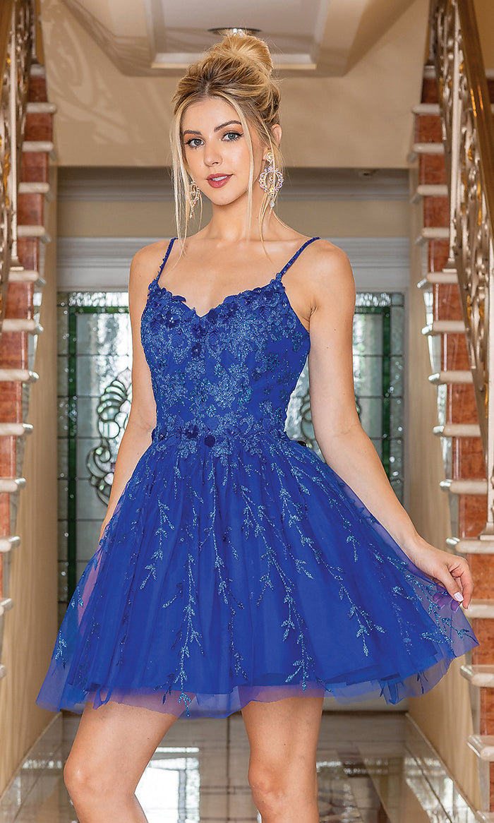 Royal Blue Spaghetti Strap Embroidered Short Party Dress