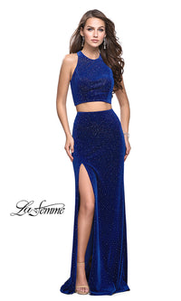 Royal Blue Open-Back Two-Piece Beaded Velvet Prom Dress