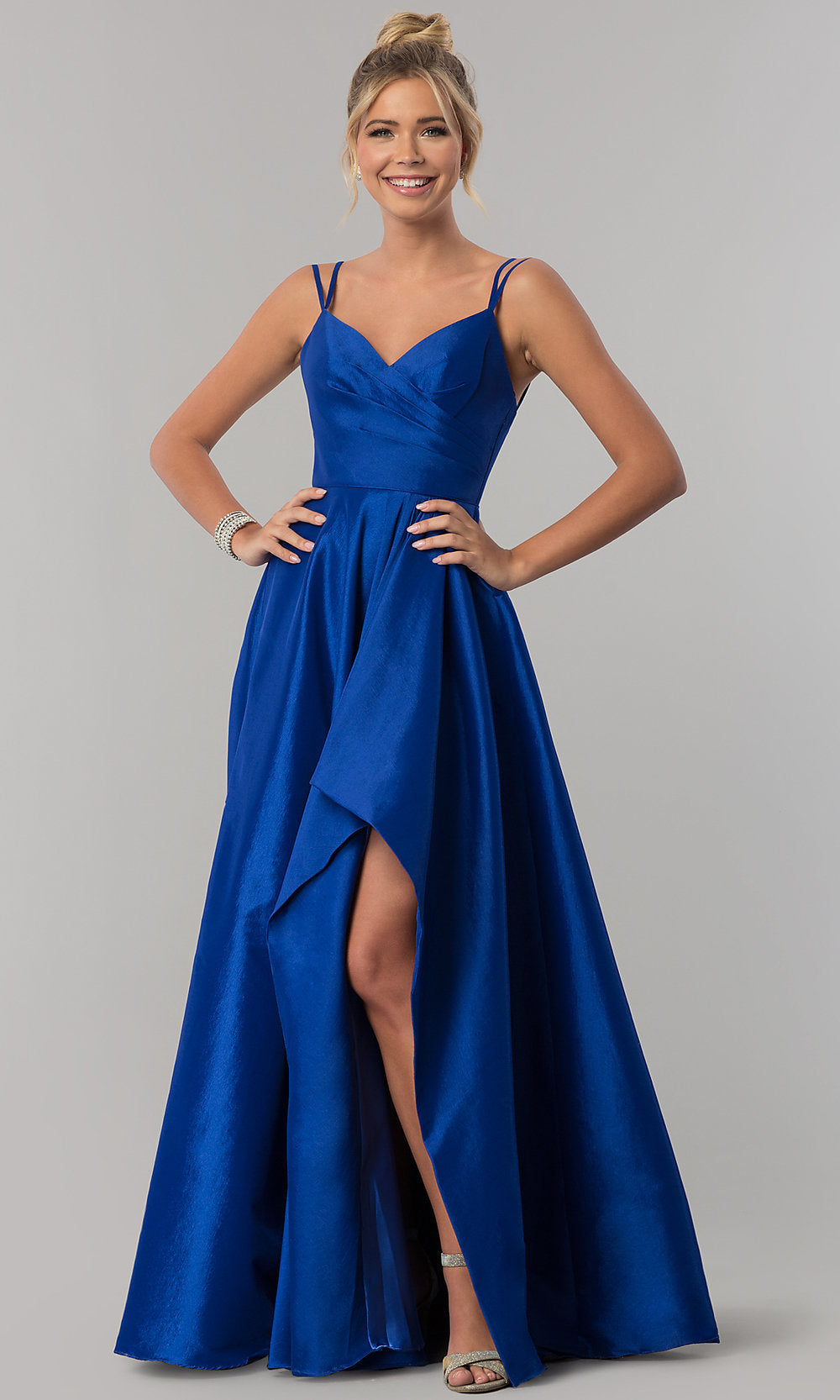 Royal High-Low Side-Slit Long Taffeta Wedding-Guest Dress