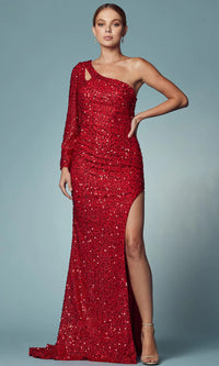 Red One-Shoulder Long Black Sequin Formal Dress