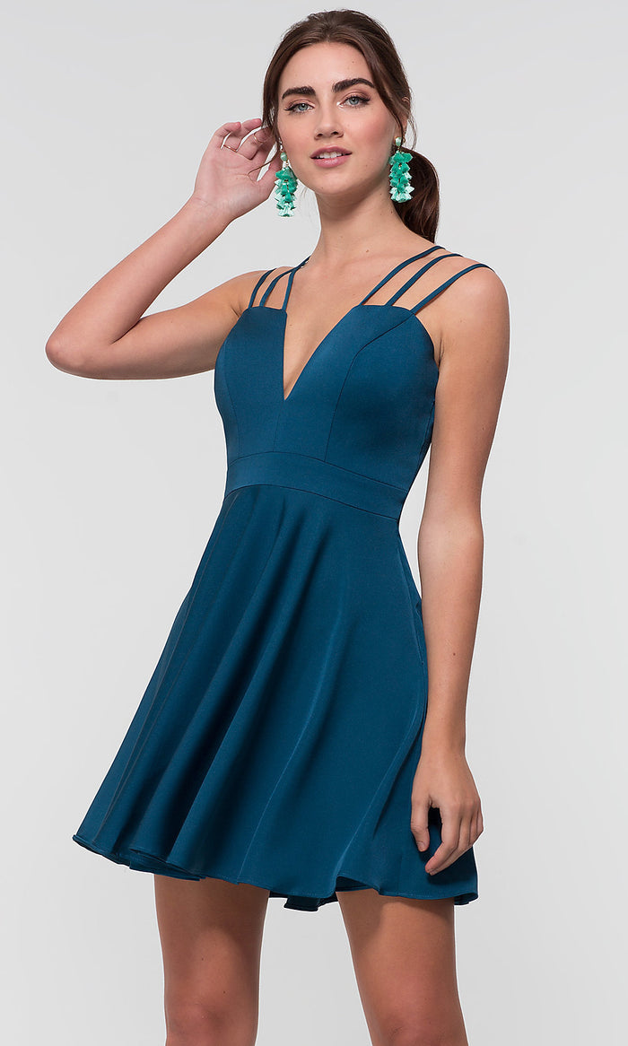 Teal Triple-Strap Short Teal Blue Homecoming Party Dress