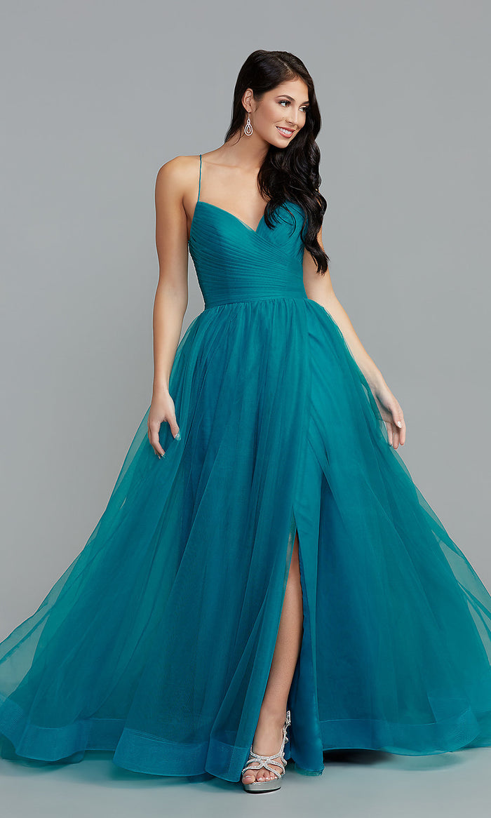 Teal Ruched-Bodice Long A-Line Prom Dress with Slit
