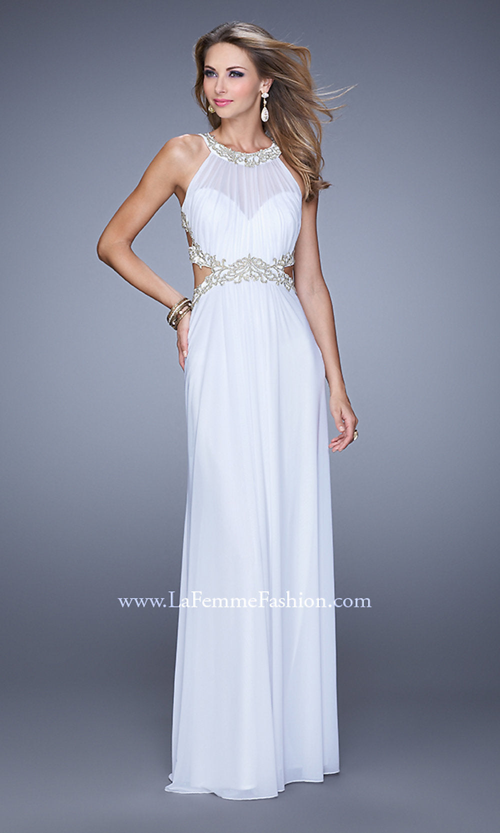 White High-Neck La Femme Strappy-Back Long Prom Dress