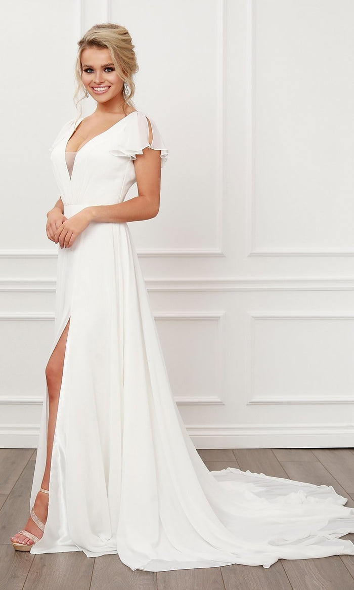 White Simple Classic Long White Chiffon Bridal Dress
