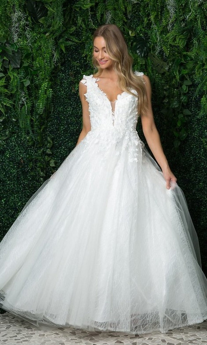 White Long White Ball Gown with Floral Appliques