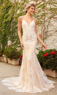 White/Nude V-Neck Open Back Long White Lace Formal Evening Gown