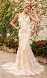V-Neck Open Back Long White Lace Formal Evening Gown