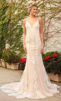 V-Neck Open Back Long White Lace Formal Evening Gown