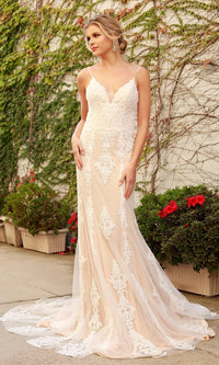 V-Neck Open Back Long White Lace Formal Evening Gown