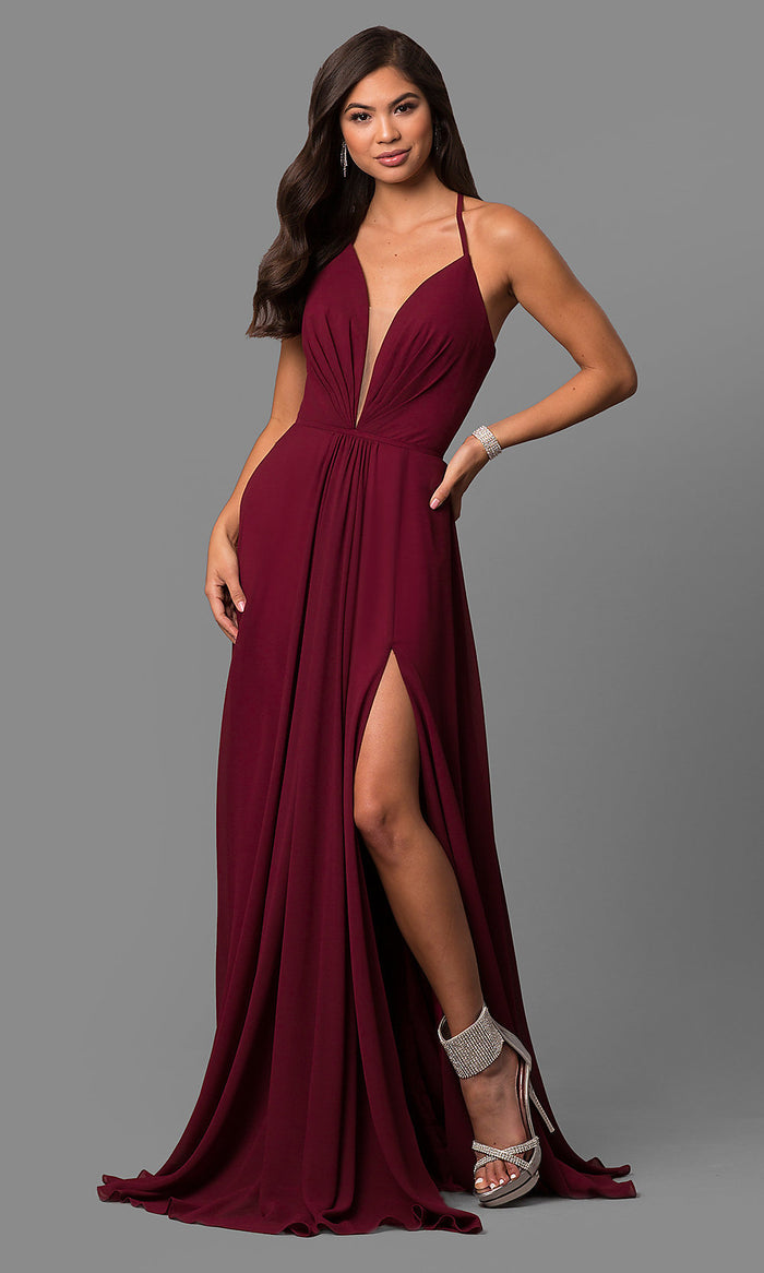 Wine Faviana Plunging Neckline Corset Back Formal Gown