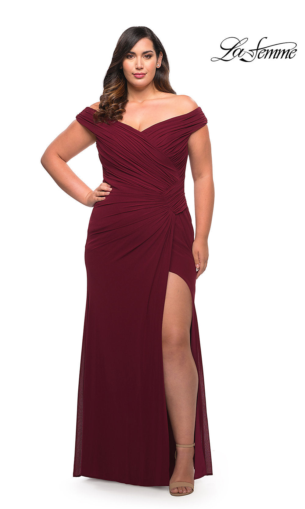 Wine La Femme Off-the-Shoulder Long Plus-Size Gown