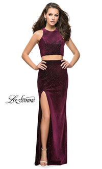 Wine Open-Back Two-Piece Beaded Velvet Prom Dress
