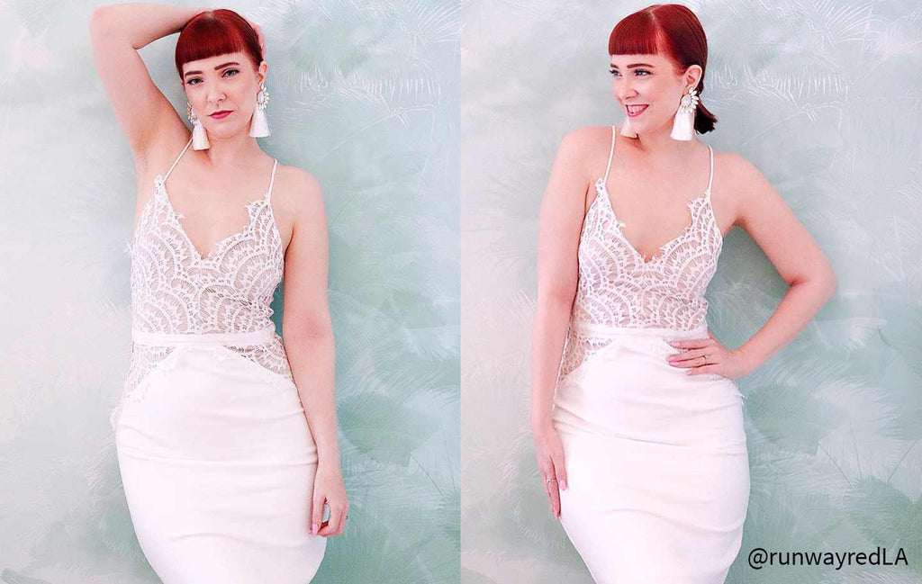 Two photos of a red-haired woman wearing a white lace-bodice midi dress.