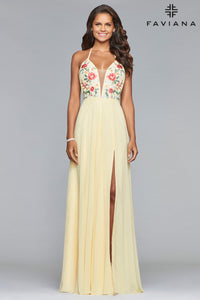 Buttercream Embroidered-Bodice Long Faviana Chiffon Prom Dress