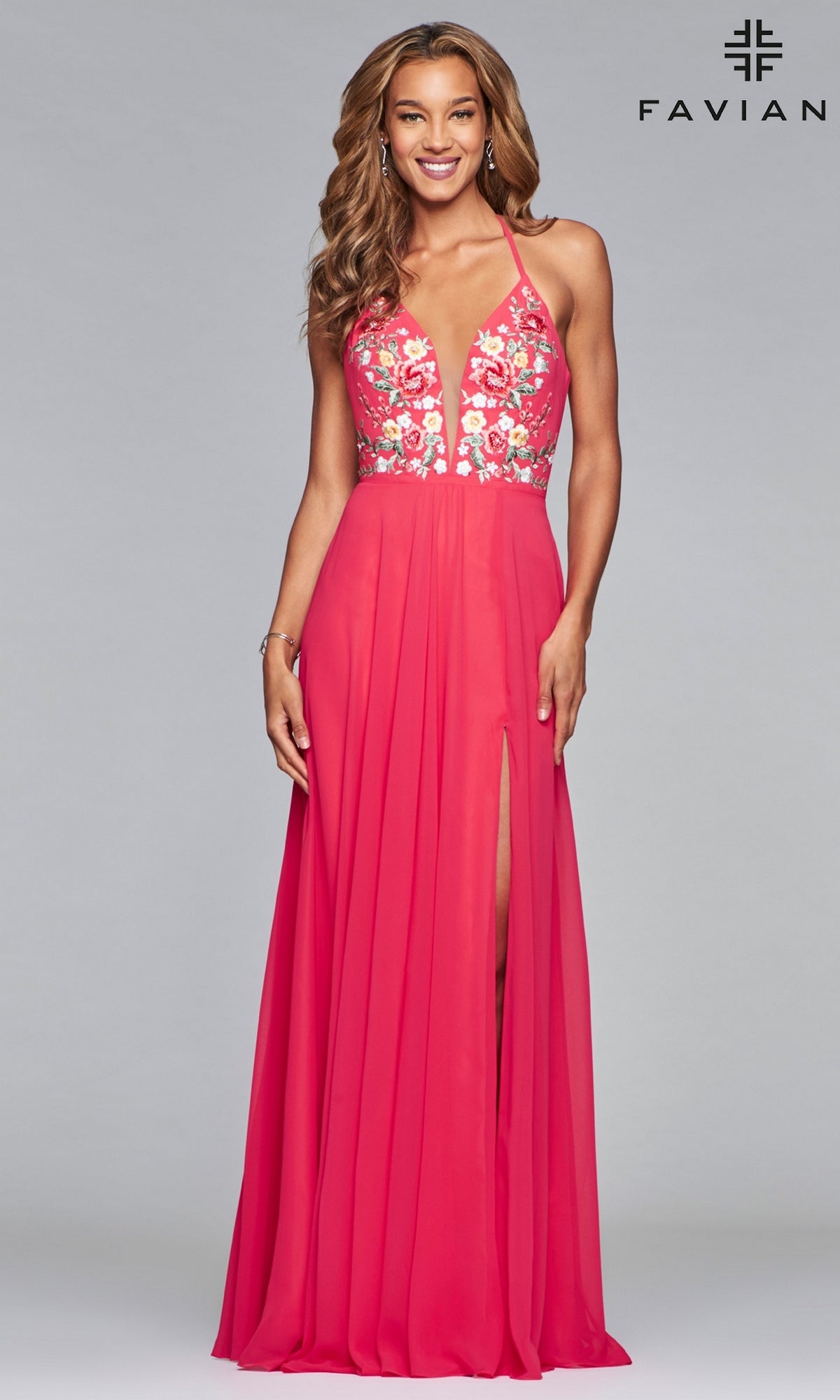 Guava Embroidered-Bodice Long Faviana Chiffon Prom Dress