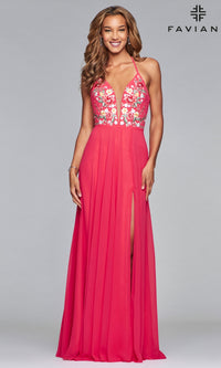 Guava Embroidered-Bodice Long Faviana Chiffon Prom Dress